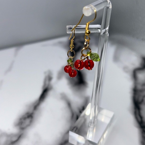 Vibrant Cherry Drop Earrings in Red and Gold - Picture 2 of 2